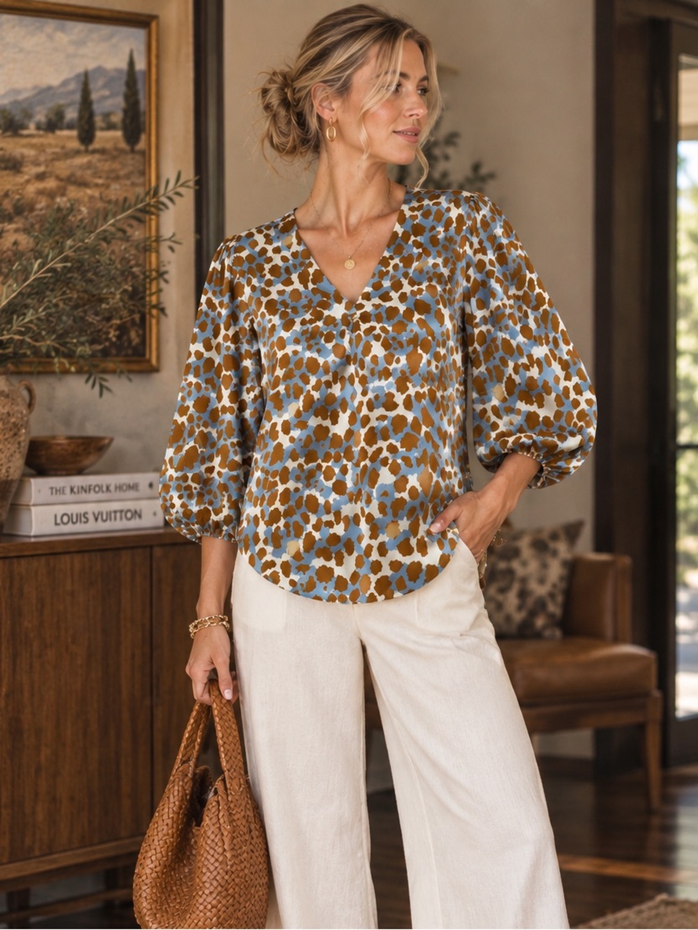 Jodifl Blue Brown Small Animal Print Blouse V Neck Balloon Sleeve Boho Top